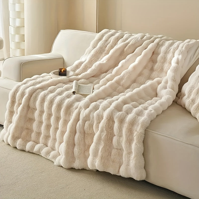 1 Stuks Faux Konijnenbont Bubbel Fleece Deken - Luxe Zachte Bank Deken, Dikke Warme Fleece Deken voor Nap en Airconditioning